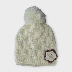 Cream Knit Pom-Pom Beanie with Flower & Faux Pearl Detail One Size